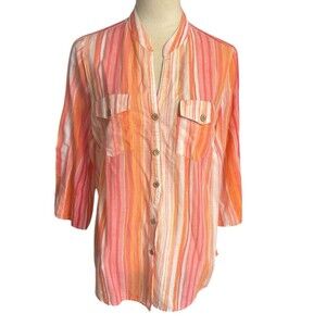 JH Collectibles Women 1X Stripe Cotton Orange Roll Tab Button Up Pocket Top